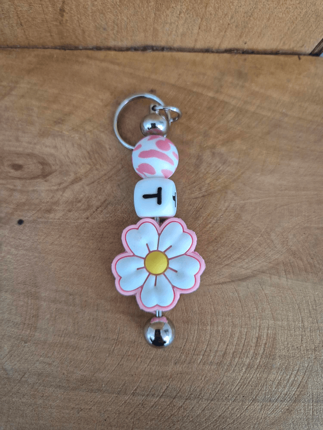 Porte clef fleur rose lettre T