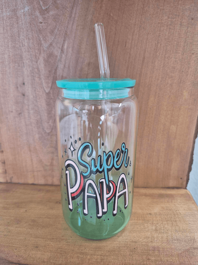 Verre paille bleu turquoise " Super papa"