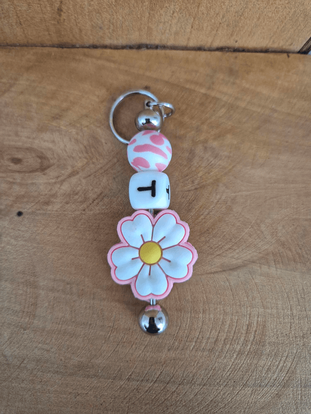 Porte clef fleur rose lettre T